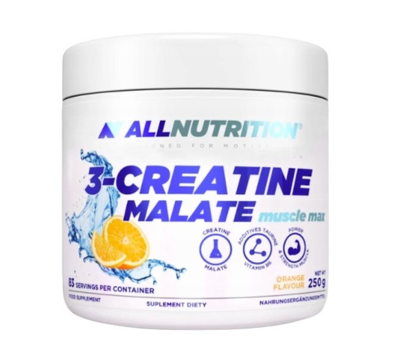 Allnutrition 3-Creatine Malate Jabłczan Kreatyny z Dodatkiem Tauryny i Witaminy B6 Orange 250g