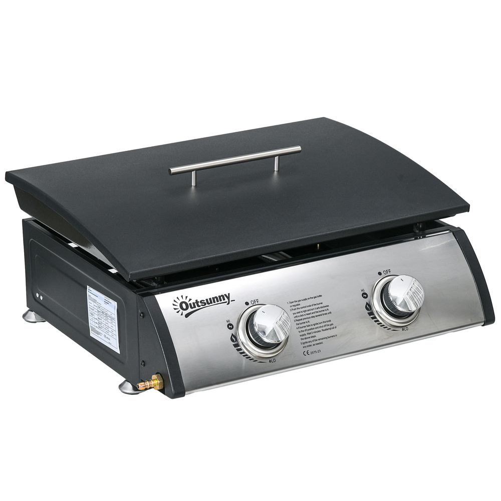 Outsunny Portable Tabletop Gas Plancha Grill w/ 2 Stainless Steel Burner, 5kW, Non-Stick Griddle for BBQ Camping Picnic Party