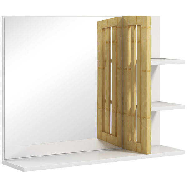 HOMCOM Bamboo Panel Bathroom Mirror, with Shelves - White