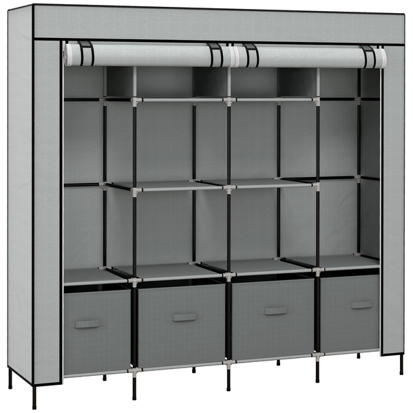HOMCOM Fabric Wardrobe for Bedroom, Portable Cloth Wardrobe with 10 Compartments, 2 Hanging Rails and 4 Fabric Drawers, 166 x 42.5 x 169.5cm, Dark Grey