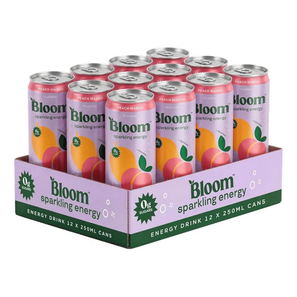 Bloom Sparkling Energy Napój gazowany, Brzoskwinia-Mango 12 x 250ml.