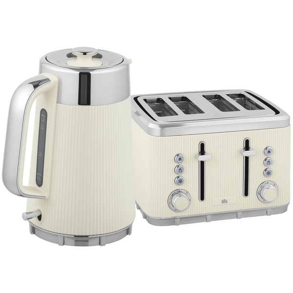 HOMCOM Electric Stainless Steel Kettle and Toaster Set, 3000W 1.7L UK Strix Thermostat Fast Boil Kettle w/ Limescale Filter, Cool Touch Body, 4 Slice Toaster with 7 Browning Levels, Crumb Tray, Cream