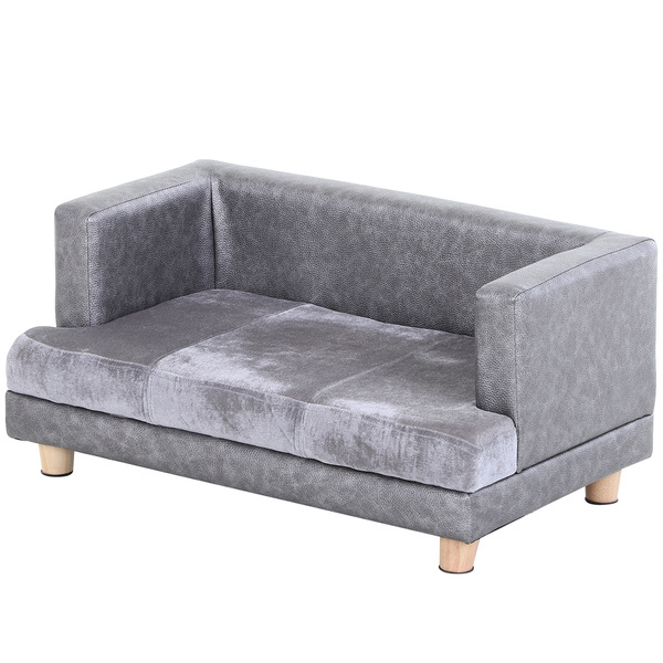 PawHut Dog Sofa Bed for Small-Sized Dogs, Elevated Pet Chair with PU Cover, Soft Cushion, Cat Couch Lounger with Anti-slip Legs - Grey