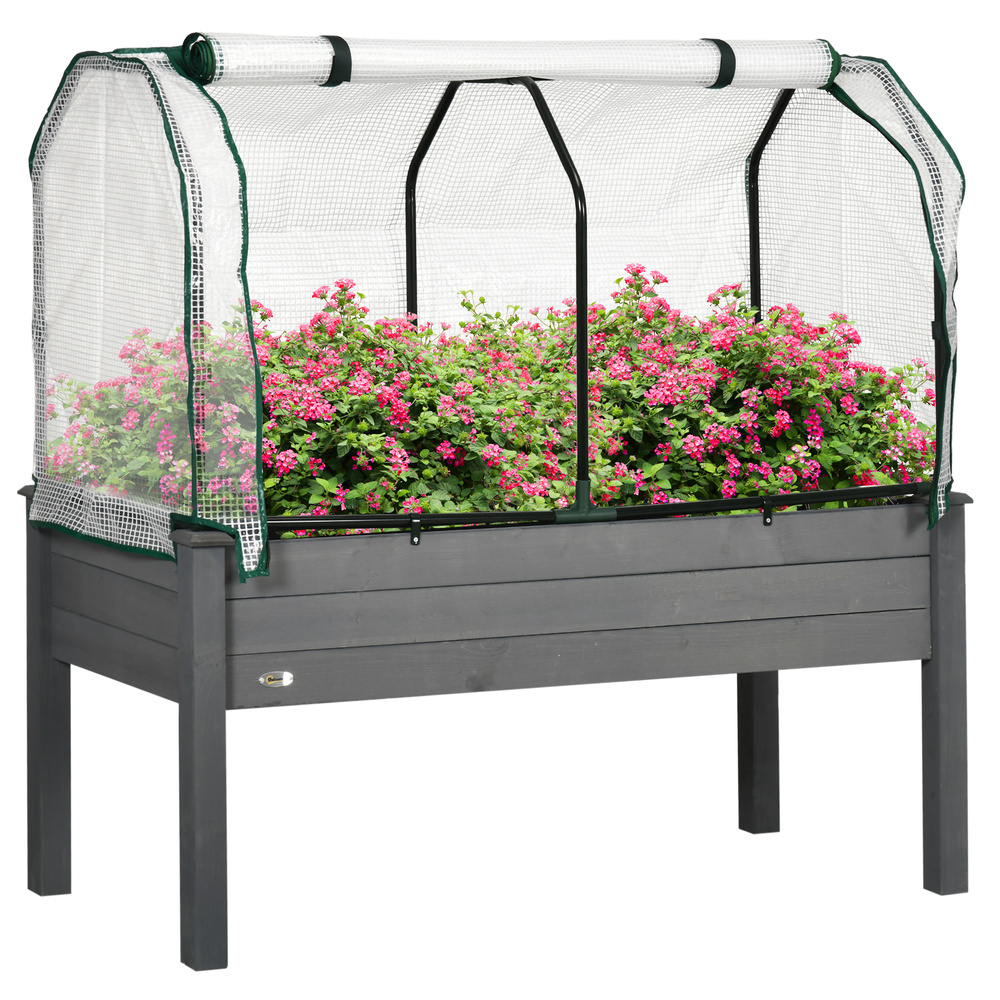 Outsunny Raised Garden Bed Outdoor Elevated Wood Planter Box w/ PE Cover, Dark Grey