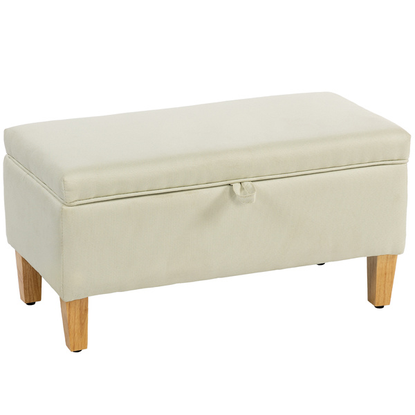 HOMCOM 30L Linen Storage Ottoman Padded Footstool with Rubberwood Legs for Storage Box, Bed End, Shoe Bench, Seating, Beige