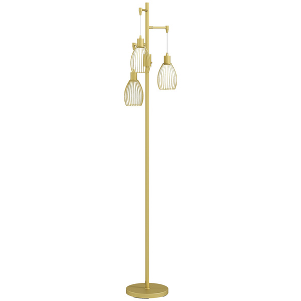 HOMCOM 3-Light Floor Lamp, 170cm Industrial Dimmable Standing Lamp with Steel Wire Cage Lampshades for Living Room, Bedroom, Dining Room, Study, Bulb Not Included, Gold Tone