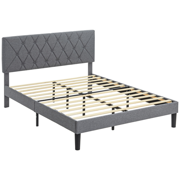 HOMCOM Double Bed Frame with 5-Level Adjustable Linen Upholstered Headboard 145W x 196D x 120Hcm, Grey