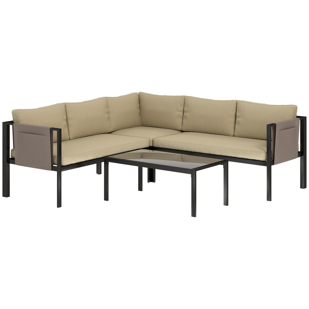 Outsunny 5 Seater Garden Corner Sofa Set, 4 Pieces Metal Garden Furniture Set with Loveseats, Glass Top Coffee Table, Breathable Mesh Pocket, Outdoor Conversation Furniture with Cushions, Khaki