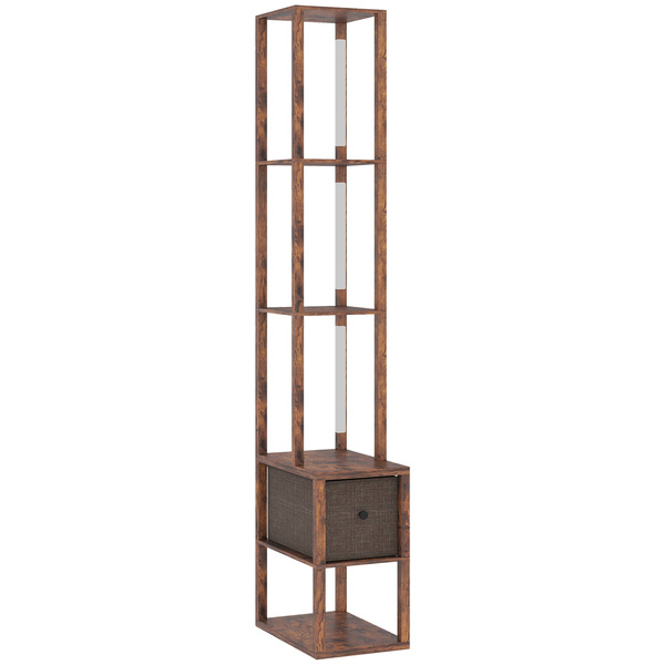 HOMCOM Floor Lamp with Shelves, LED Column Modern Standing Lamp with Fabric Drawer, Adjustable Brightness, Foot Switch for Living Room, Bedroom, Office, Rustic Brown