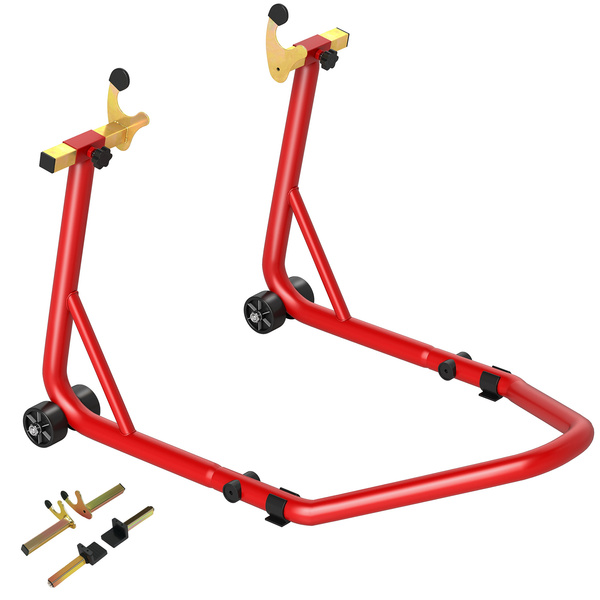 HOMCOM Motorcycle Rear Wheel Stand, 544 kg Capacity Heavy Duty Steel Motorbike Motorcycle Paddock Stand Lift with Adjustable U + L Forks, Wheels, Non-Slip Pads for Workshop Garage Repair, Red