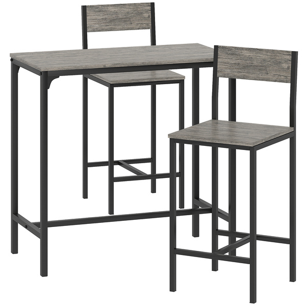 HOMCOM 3-Piece Bar Table Set with 2 Stools, Industrial Breakfast Bar Set with Footrest, Backrest for Dining Room, Small Space