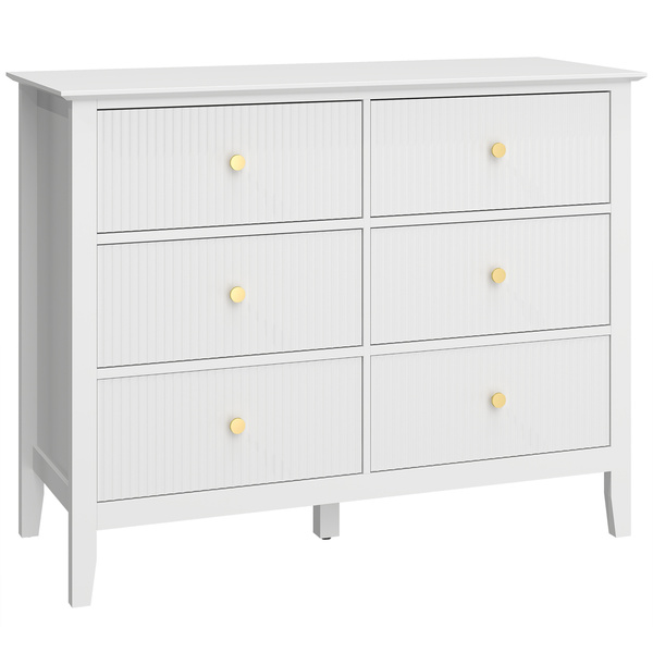HOMCOM Fluted Dresser, 6 Drawer Chest of Drawers for Bedroom, Living Room, Hallway, Closet, White