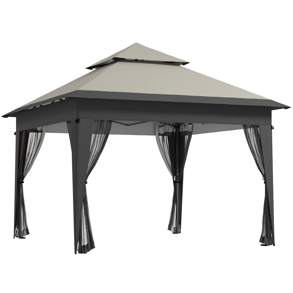 Outsunny 3 x 3(m) Pop Up Gazebo with Mosquito Netting, 1 Person Easy up Marquee Party Tent with 1-Button Push, Double Roof, Carry Bag, Sandbags, Height Adjustable Instant Shelter, Grey
