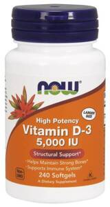 Now Foods Vitamin D-3 5000 IU 120 Wspiera Pracę Mięśni Układu Odpornościowego i Mózgu 240 Kapsułek