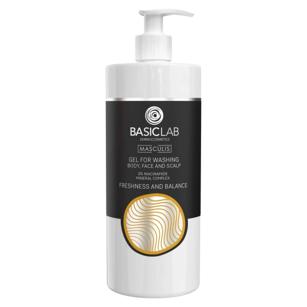 BasicLab Masculis Żel do Mycia Ciała Twarzy i Skóry Głowy 2% Niacynamidu Kompleks Minerałów Świeżość i Blask dla Mężczyzn 500ml