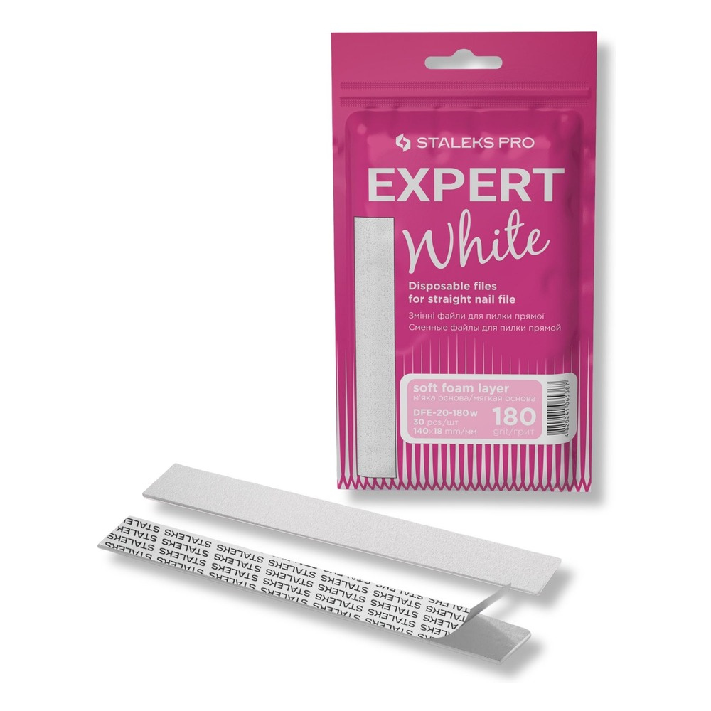 Staleks Pro Expert Wymienne Pilniki Białe na Bazie Miękkiej do Pilnika Prostego EXPERT 20 180 Grit 30 Sztuk
