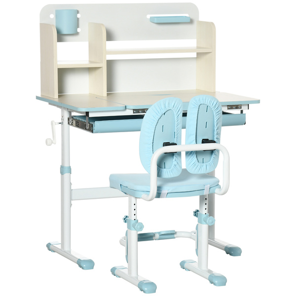 HOMCOM Kids Desk and Chair Set, with Storage Shelves, Washable Cover, for Ages 3-12 Years - Blue