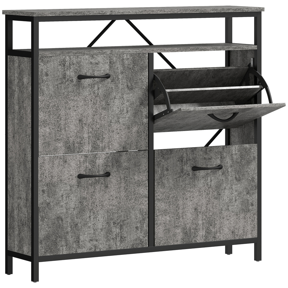 HOMCOM Shoe Storage Cabinet with 4 Flip Drawers and Open Shelf - Cement Grey