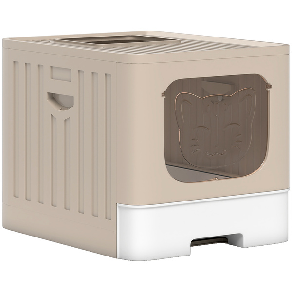 PawHut Foldable Cat Litter Box with Lid, Slide-Out Drawer, Scoop, Easy Clean, Odour Control, Anti-Splashing, Khaki