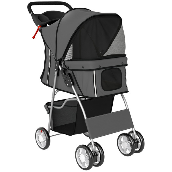 PawHut Dog Pram, Pet Stroller with Reflective Strips, Foldable Cat Stroller with 360° Swivel Wheels, Dark Grey