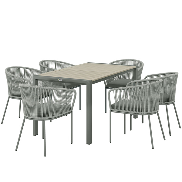 Outsunny Rattan Dining Set, 6 Seater Rattan Garden Furniture Set with Acacia Wood Top Rectangle Table, 6 Chairs, Washable Seat Cushions, for Outdoor, Patio, Conservatory, Grey