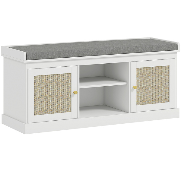 HOMCOM Boho Shoe Storage Bench with Padded Cushion and Rattan Doors - White