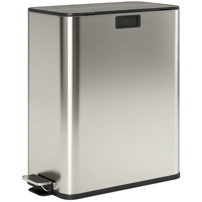 HOMCOM Dual Kitchen Bin with Soft-Close Butterfly Lid, 2 x 28L Stainless Steel Pedal Bin with Removable Inner Buckets, Fingerprint-Proof for Recycling and Waste, Silver Tone