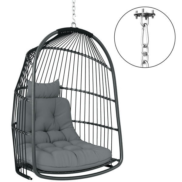 Outsunny Hanging Egg Chair, Foldable Rattan Garden Swing Chair with Installation Kit, Thickened Cushion and Headrest, Indoor Outdoor Hanging Egg Basket Seat for Patio, Porch, Dark Grey
