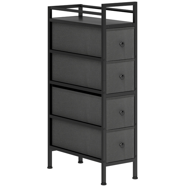 HOMCOM 4 Drawer Fabric Dresser Chest of Drawers, Slim Storage Cabinet with Steel Frame for Small Spaces, Bedroom, Black