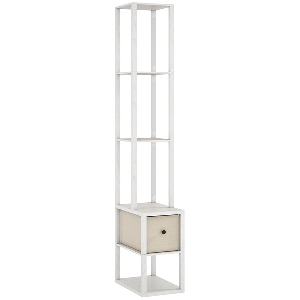 HOMCOM Floor Lamp with Shelves, LED Column Modern Standing Lamp with Fabric Drawer, Adjustable Brightness, Foot Switch for Living Room, Bedroom, Office, White