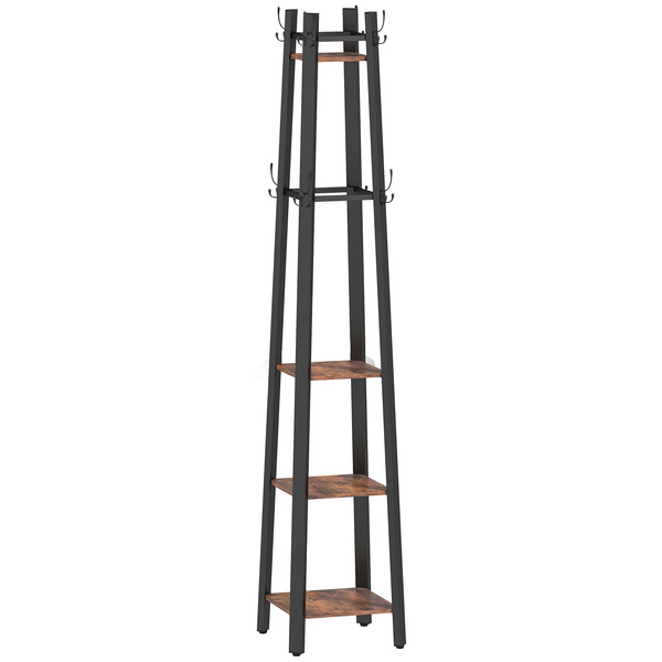 HOMCOM Industrial-Style Four Shelf Coat Stand - Brown/Black