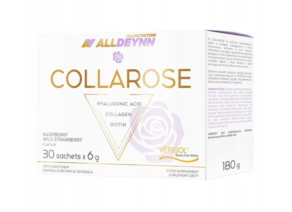 Allnutrition AllDeynn Collarose Kolagen w Saszetkach Na Skórę Włosy i Paznokcie Malina Poziomka 30x6g