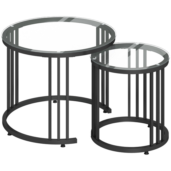 HOMCOM Round Coffee Tables Set of 2, Nesting Tables with Tempered Glass Top and Steel Frame, Black