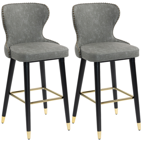 HOMCOM Bar Stools Set of 2, PU Leather Barstools with Back, Footrest and Wood Legs for Kitchen, Counter, Breakfast Bar, Grey