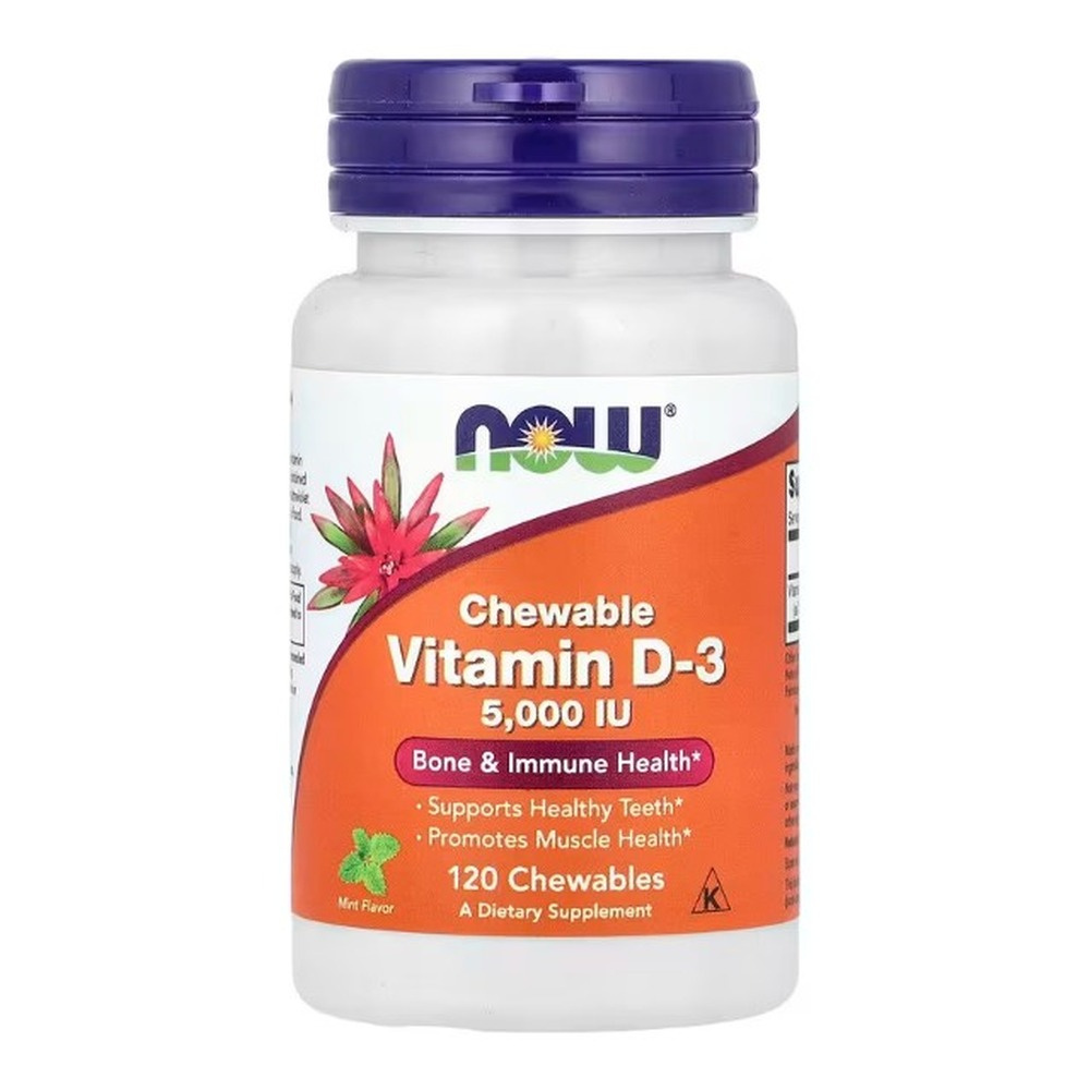 Now Foods Vitamin D-3 5000 IU 120 Wspiera Pracę Mięśni Układu Odpornościowego i Mózgu 120 Tabletek do Ssania