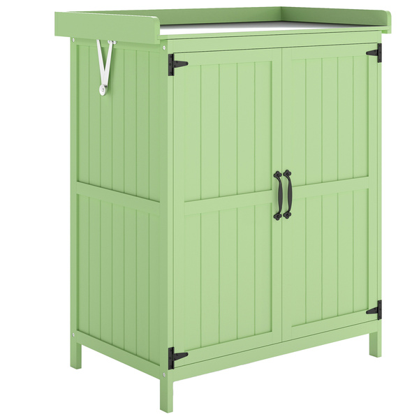 Outsunny Wooden Garden Shed, Garden Tool Storage Shed with Hinged Roof and Shelf, Outdoor Storage Cabinet with Double Doors, Light Green
