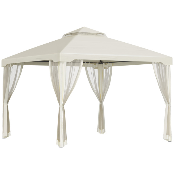 Outsunny 3 x 3 m Metal Gazebo, Garden Pavillion, Double Roof Outdoor Canopy Shelter with Mesh Sidewalls, Cream White