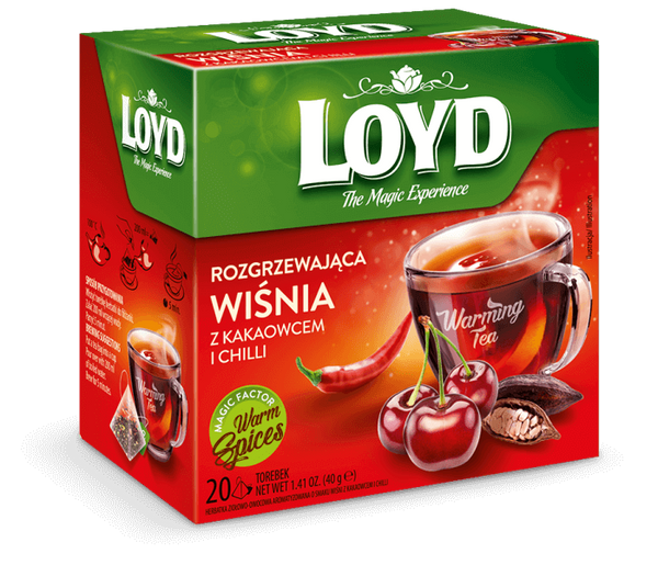 Loyd The Magic Experience Rozgrzewająca Aromatyzowana Herbata Ziołowo-Owocowa z Wiśnią Kakaowcem i Chilli 20x2g