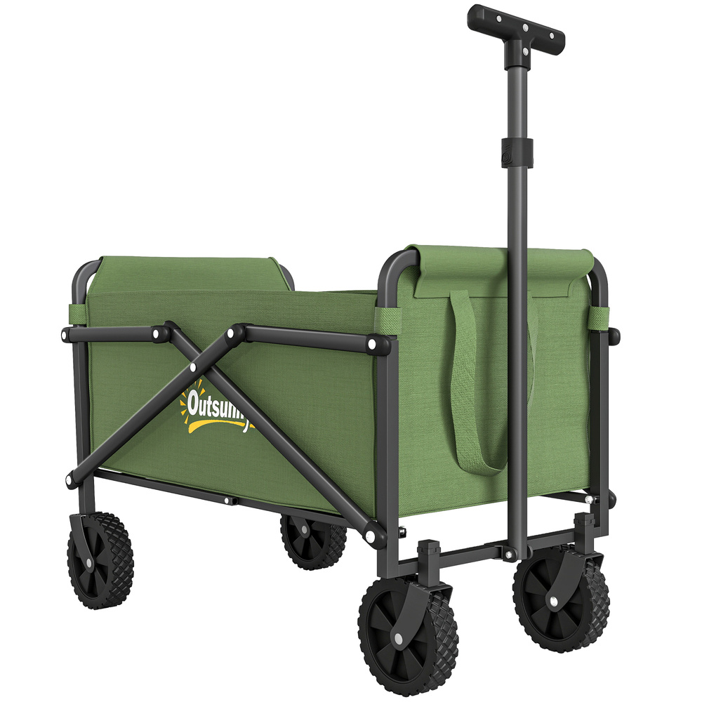 Outsunny 41L Festival Trolley on Wheels, Compact Garden Folding Trolley Cart, 60kg Heavy Duty Collapsible Foldable Wagon with Adjustable Handle and Carrying Bag for Beach, Camping, Festival, Green