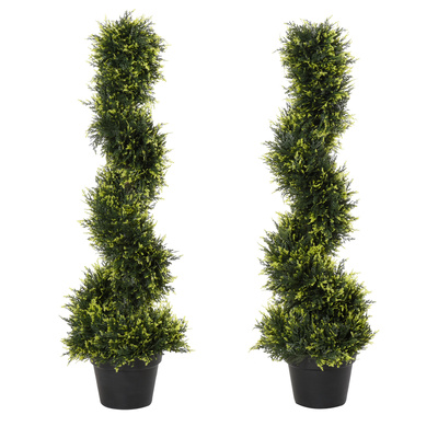 Outsunny 90cm/3FT Artificial Trees, Spiral Topiary Trees w/ Pot Set Of 2, Fake Indoor Greenery Plant Home Office Garden Decor Green