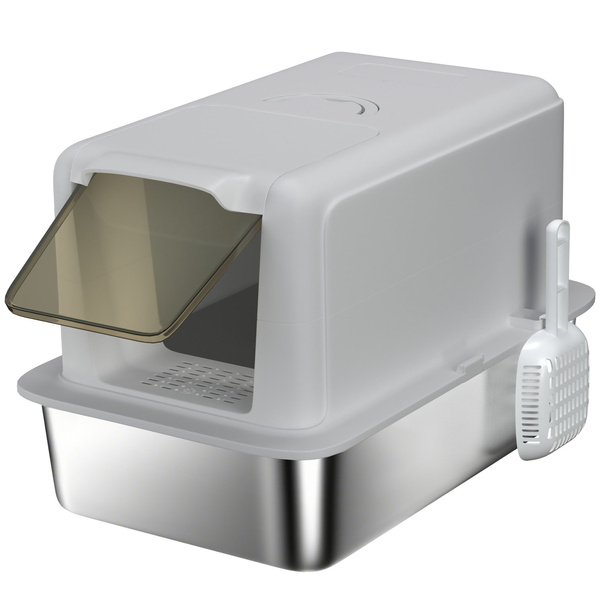 PawHut Stainless Steel Cat Litter Box with Removable Lid, Scoop, Filter Bags, for Larger Cats, Grey