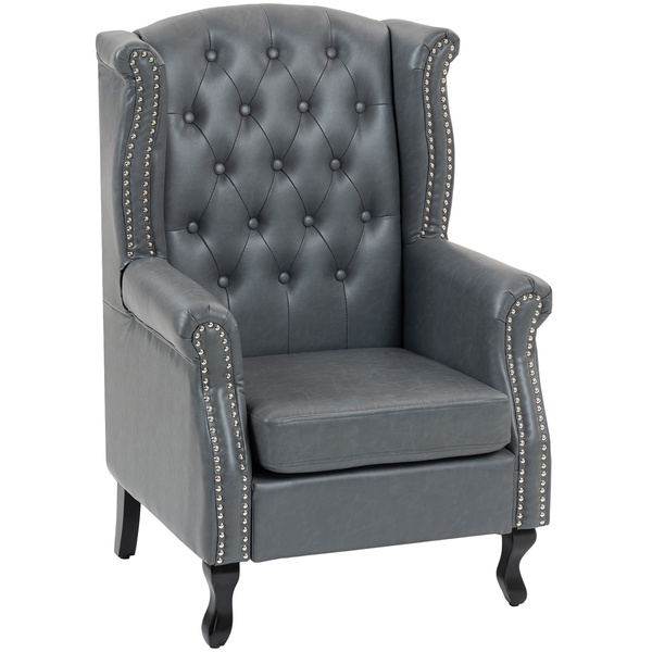 HOMCOM Wingback Accent Chair Tufted Chesterfield-style Armchair with Nail Head Trim for Living Room Bedroom Grey