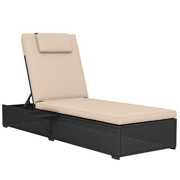 Outsunny Rattan Sun Lounger with 5-Level Reclining Back Side Tray and Cushion, Black