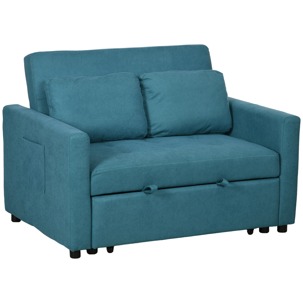 HOMCOM Loveseat Sofa Bed, Convertible Bed Settee with 2 Pillows, Side Pockets, Blue