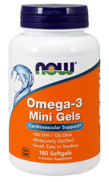 NOW Foods Omega-3 Mini Kapsułki Olej Rybny na Wsparcie Serca i Mózgu 180 Kapsułek