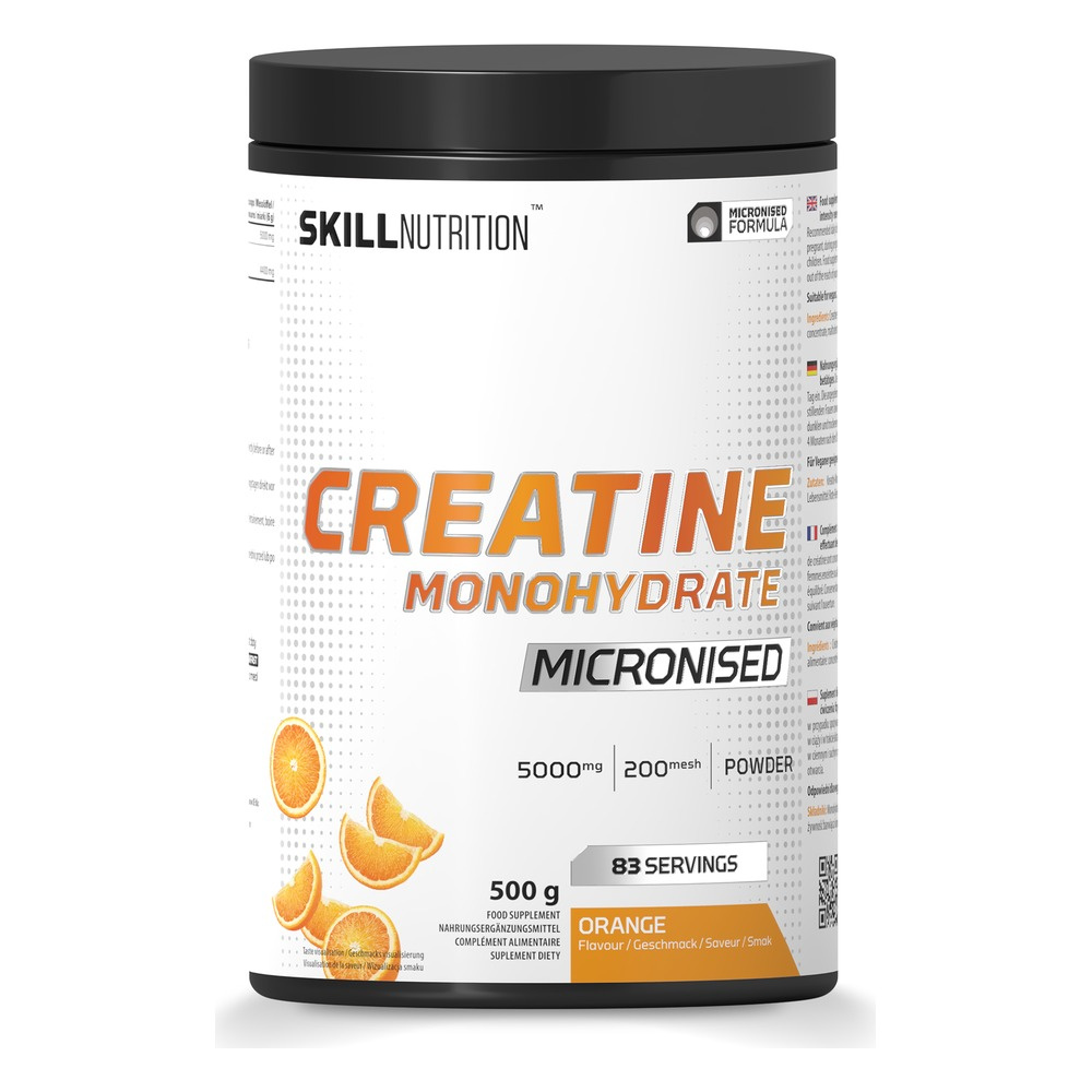Skill Nutrition Mikronizowany Monohydrat Kreatyny o Smaku Pomarańczowym w Proszku na Wzrost Masy Mięśniowej i Wydajność 500g