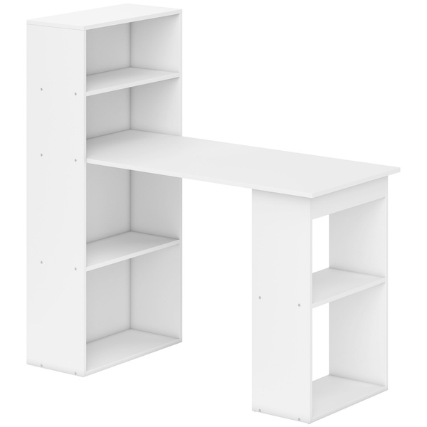 HOMCOM 120cm Computer Desk, Wooden PC Laptop Table with 6-Tier Storage Bookshelves, Home Office Working Study Desk, Writing Workstation, White