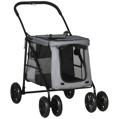 PawHut Dog Pram Dog Stroller 4 Wheels Pet Pushchair with Rolling Door, Cushion, Safety Leashes, for Small and Medium Breeds, Grey
