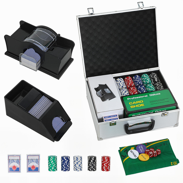 SPORTNOW 300-Piece Poker Chips Set with Card Shuffler, Card Shoe, Case, Casino Texas Holdem Poker Set with Mat, Silver Tone