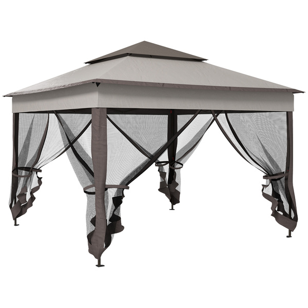 Outsunny 3.25 x 3.25m Pop Up Gazebo, Double-roof Garden Tent with Netting and Carry Bag, Party Event Shelter for Outdoor Patio, Brown and Grey